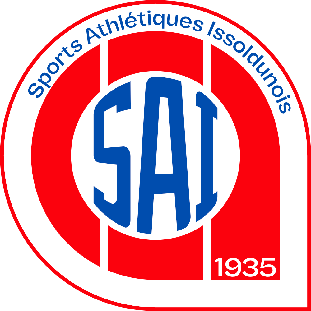 Proposition de logo pour le club de foot historique d'Issoudun. Un blason en forme de goutte, orienté avec la pointe vers le bas à droite, arbore un fond rouge et blanc. Les lettres "SAI" en bleu sont placées au centre, entourées de l’inscription "Sports Athlétiques Issoldunois" en arc de cercle en haut, et de l’année "1935" dans la pointe de la goutte.